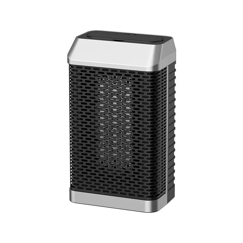 Black remote control desktop electric heater showing compact dimensions and shaking head mechanism