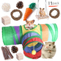 Assorted natural wooden and woven plant chew toys for rabbits, guinea pigs, and parrots on a straw mat.