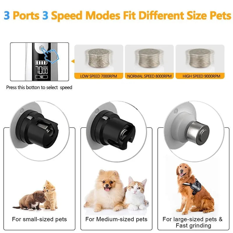 Electric dog nail grinder device with LED display showing speed settings.