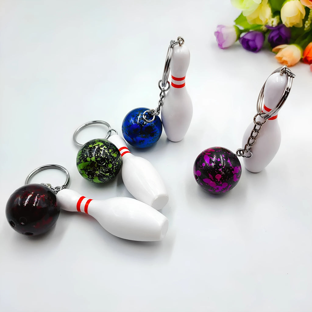 Mini bowling sports simulation keychain pendant in PVC metal showing colour options