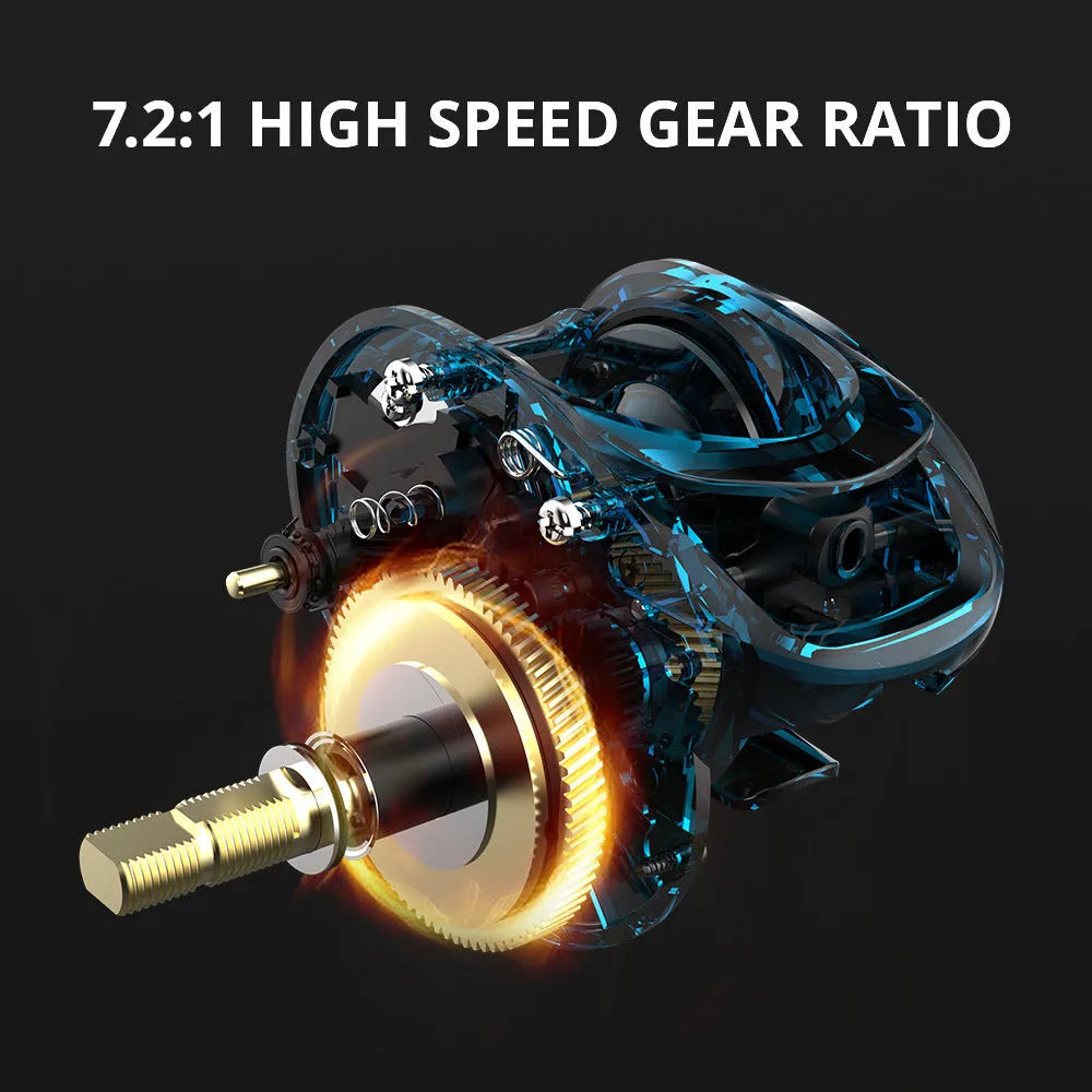 Drip Wheel spinning fishing reel with metal body, showing left and right hand wheel options.