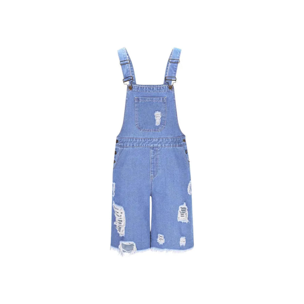 Men's ripped dark blue denim shorts with suspender straps on a mid waist