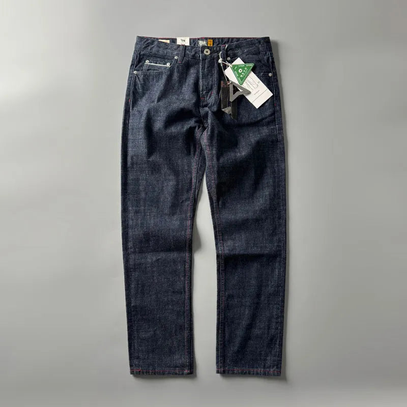 Men's straight leg denim trousers in primary colour with American retro styling and mid waist fit