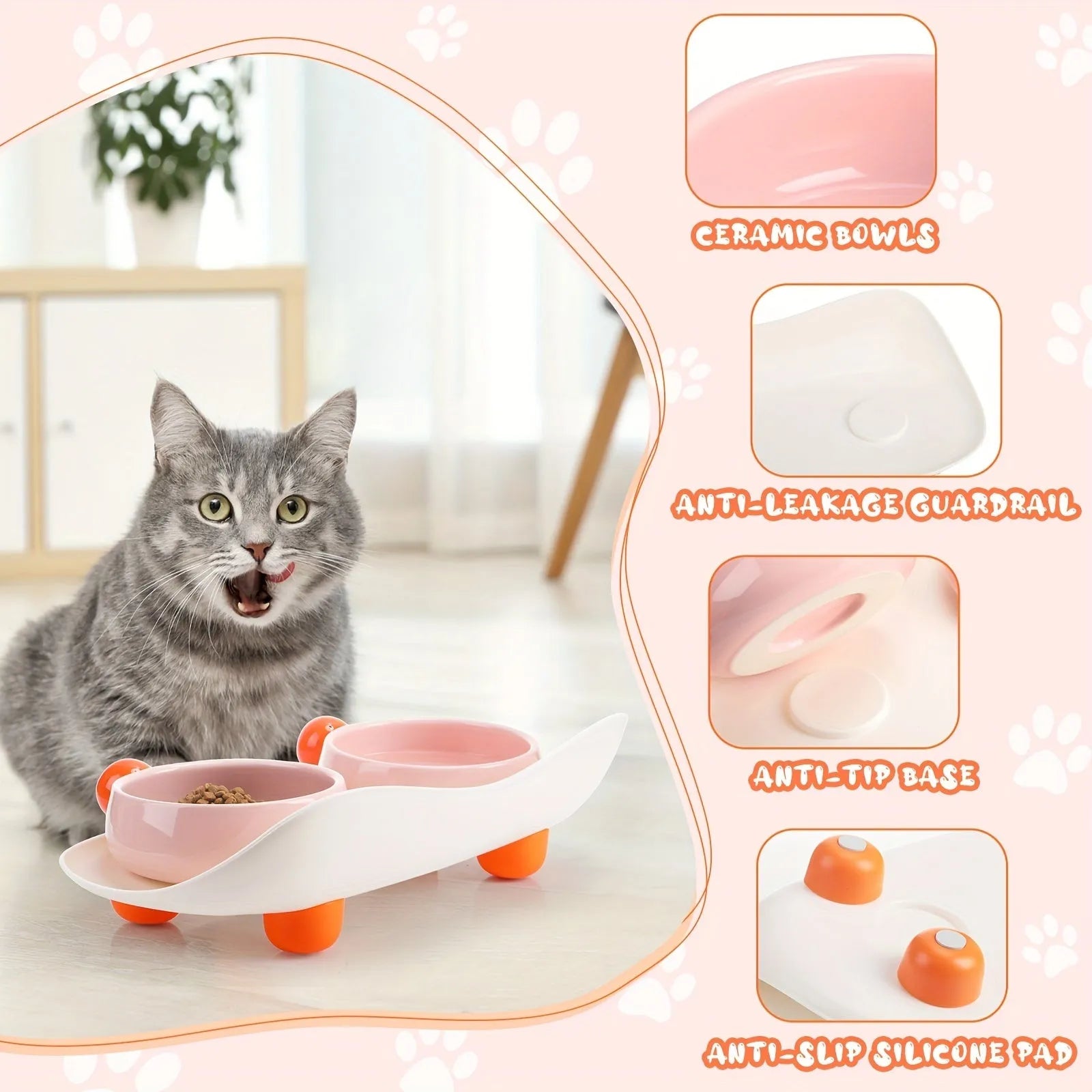 Elevated ceramic pet feeding bowl set with two bowls on raised platform