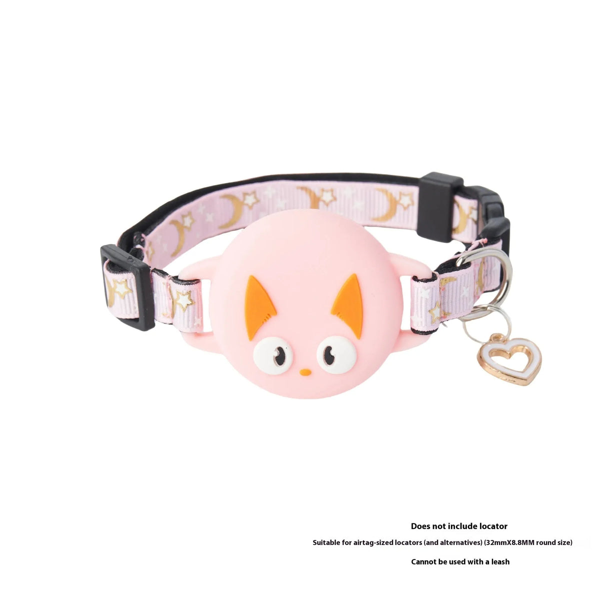 Pink plastic AirTag protective case for cat collar, shown with adjustable band and Apple AirTag.