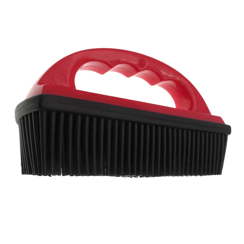 Red pet bath massage brush measuring 160mm by 85mm with multifunctional carpet cleaning capability