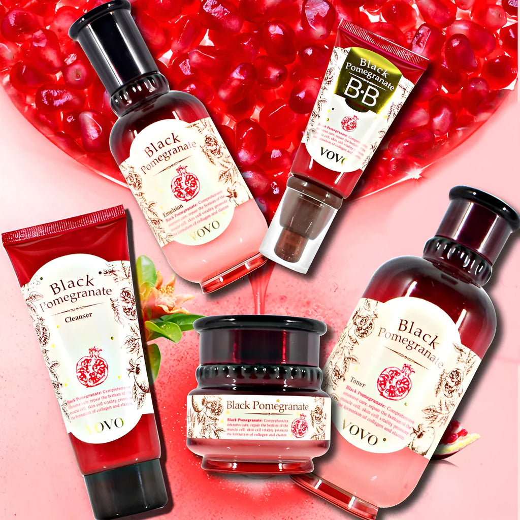 Pomegranate skincare set with six products including cleanser, cream, essence and eye cream