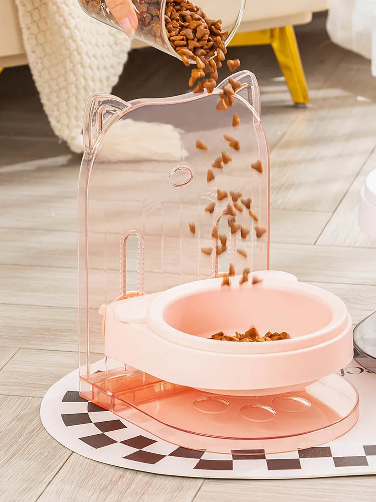 Cat feeding bowl with cat ear-shaped anti-spill neck protector and removable hanging cage