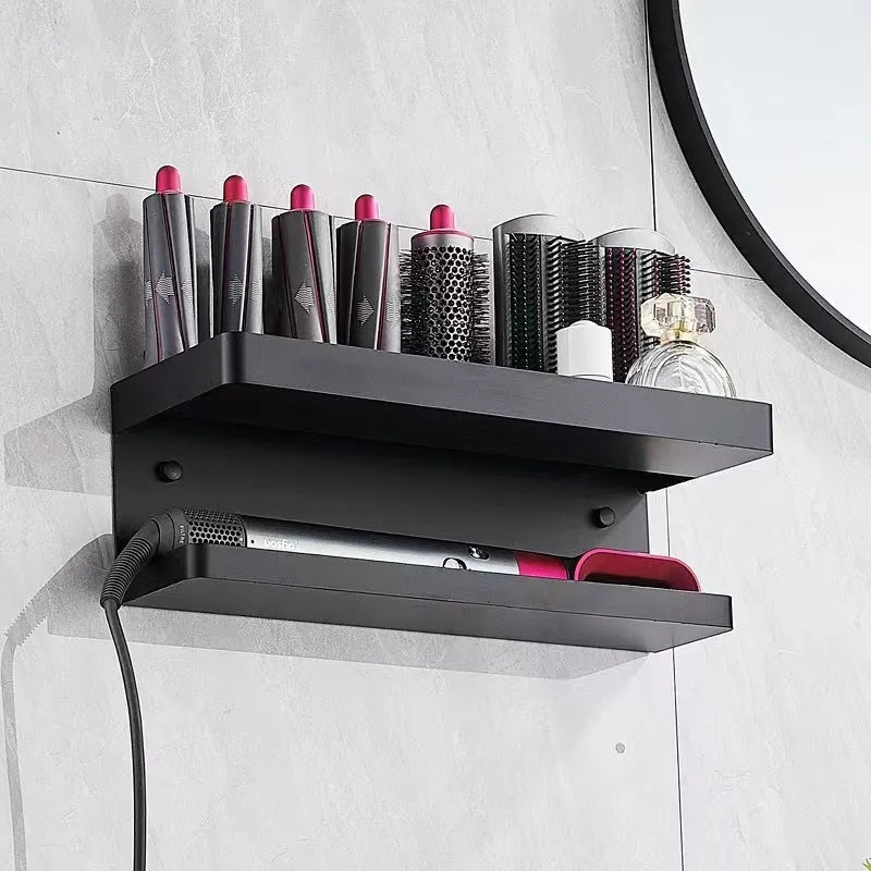 White two-layer aluminium bathroom storage rack holding Marcel wavers without drilling required