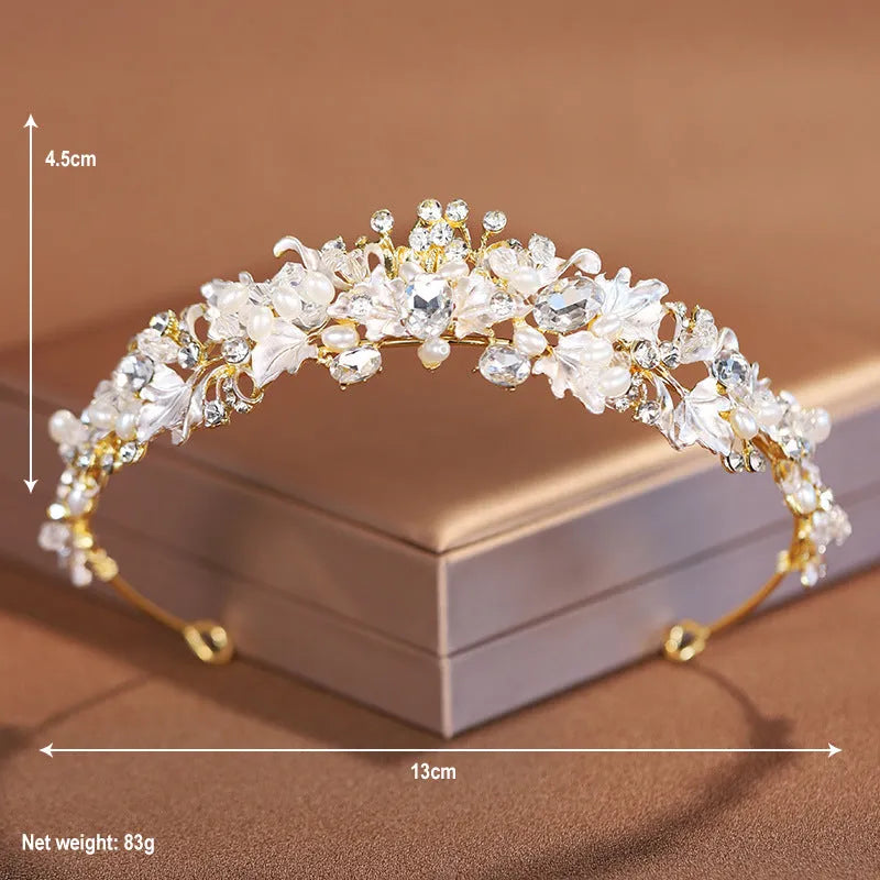 Alloy pearl crown headdress in gold or silver finish for women's hair accessories