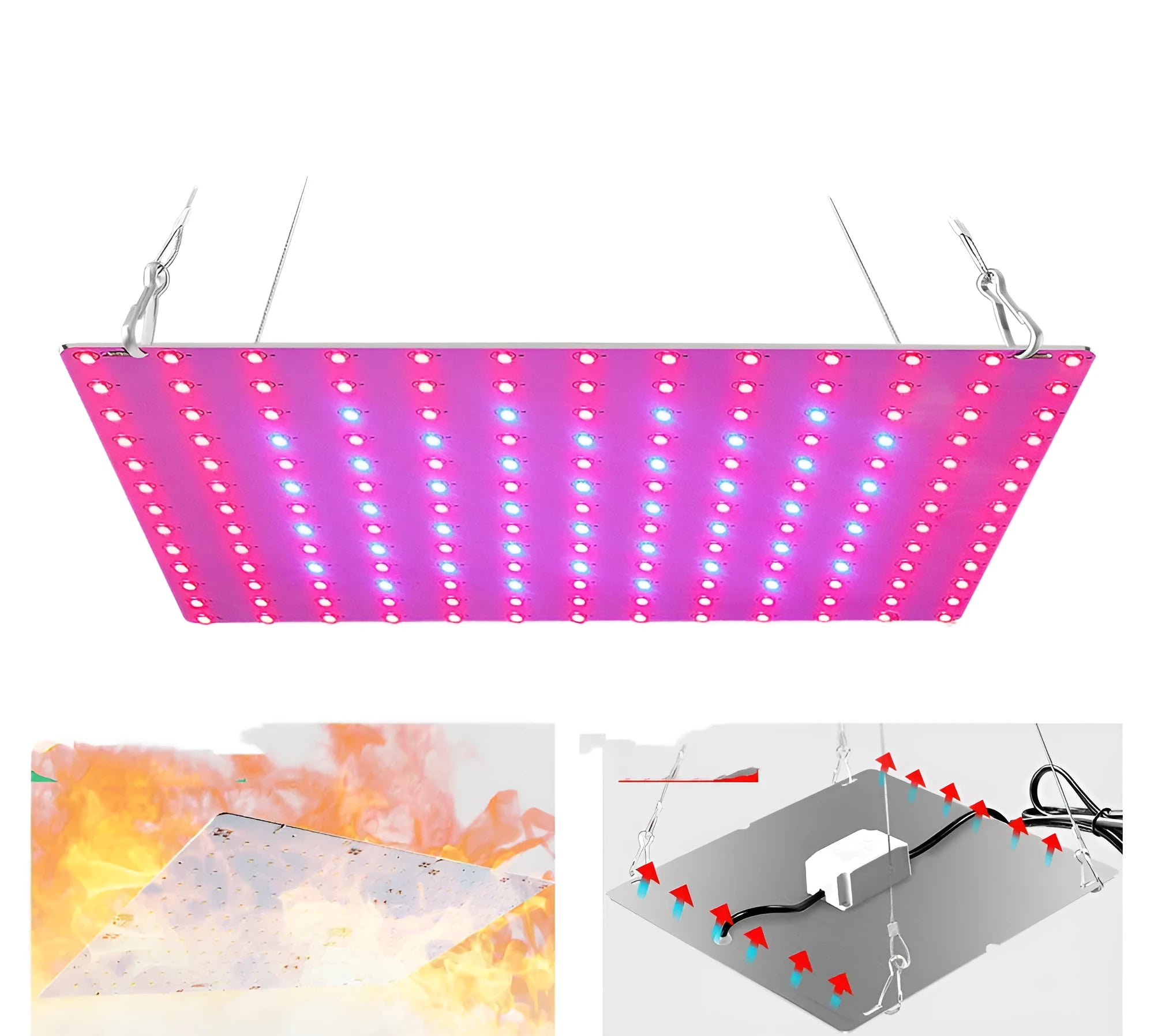 Silver aluminium plant growing light with LED beads and a mounting hook for indoor fruit and vegetable cultivation