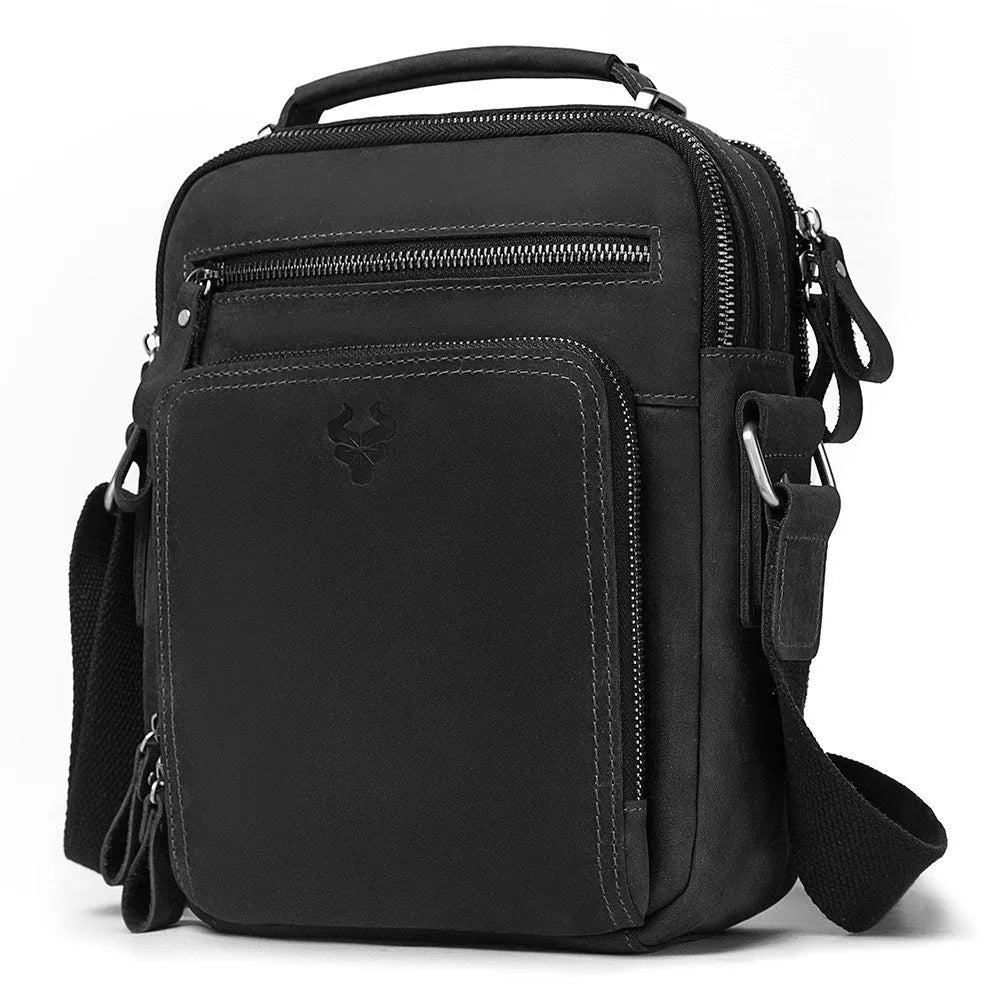 Men's brown Crazy Horse leather single-shoulder crossbody bag with visible sewing lines.