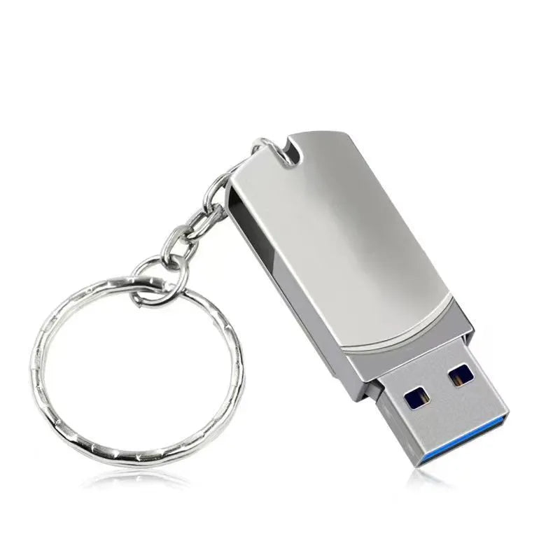 Small white metal USB flash drive with rotation design showing compact 34mm dimensions