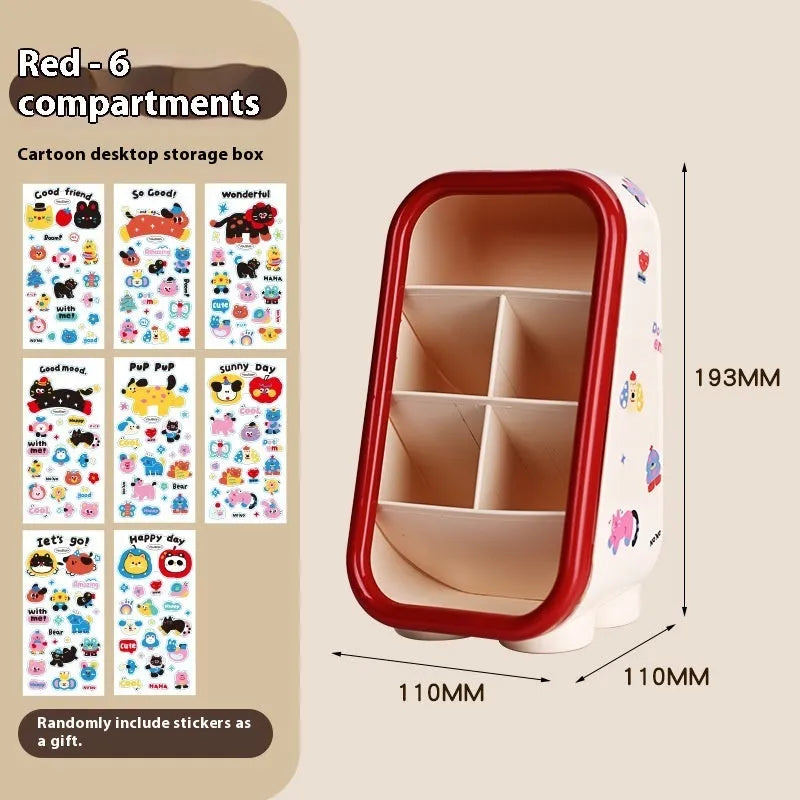 Plastic desktop storage box with cartoon stickers showing 2L capacity for stationery organisation