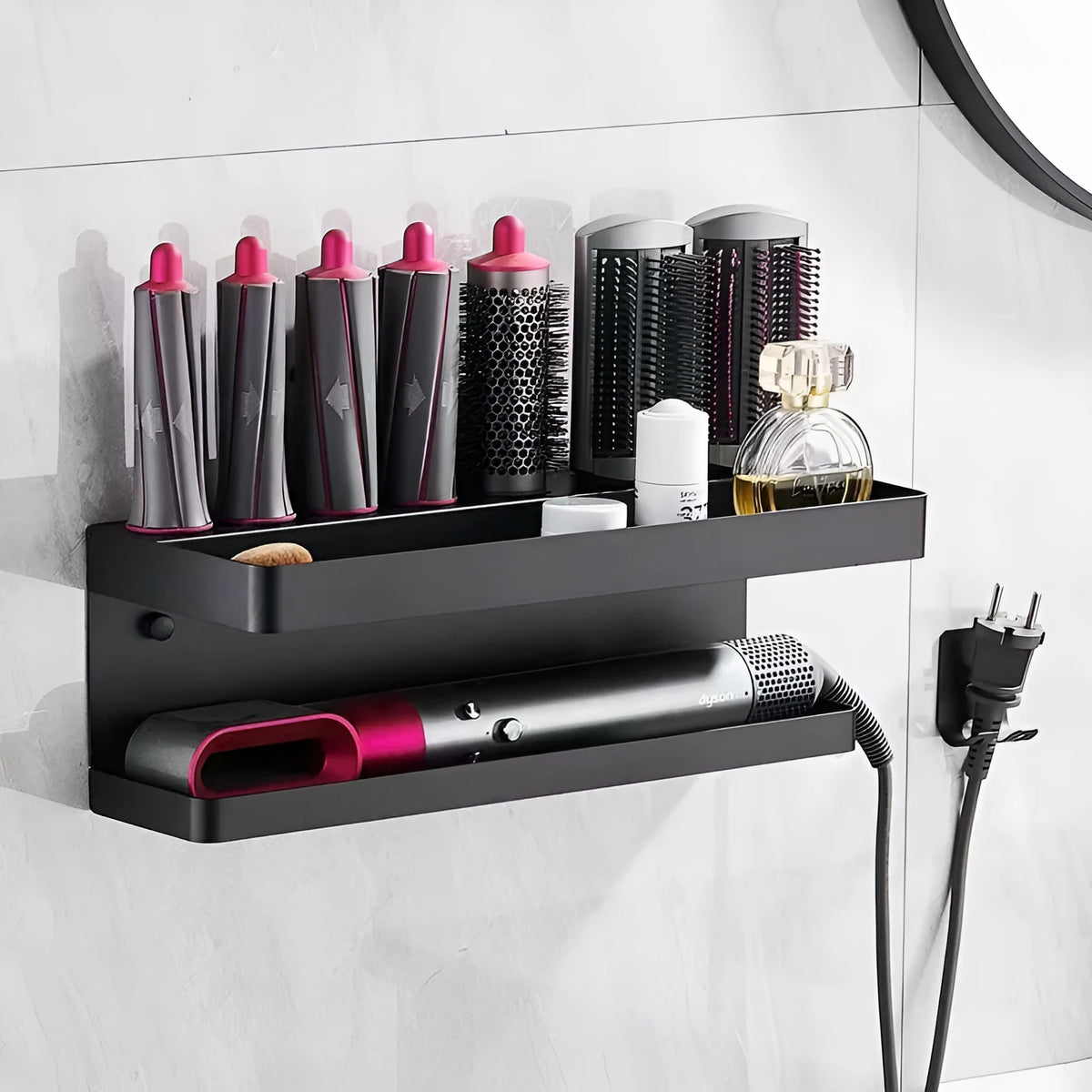 White two-layer aluminium bathroom storage rack holding Marcel wavers without drilling required