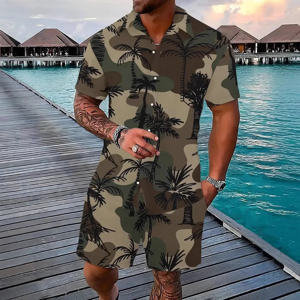 Man wearing a Hawaii-themed 3D printed short sleeve top and matching shorts leisure set.