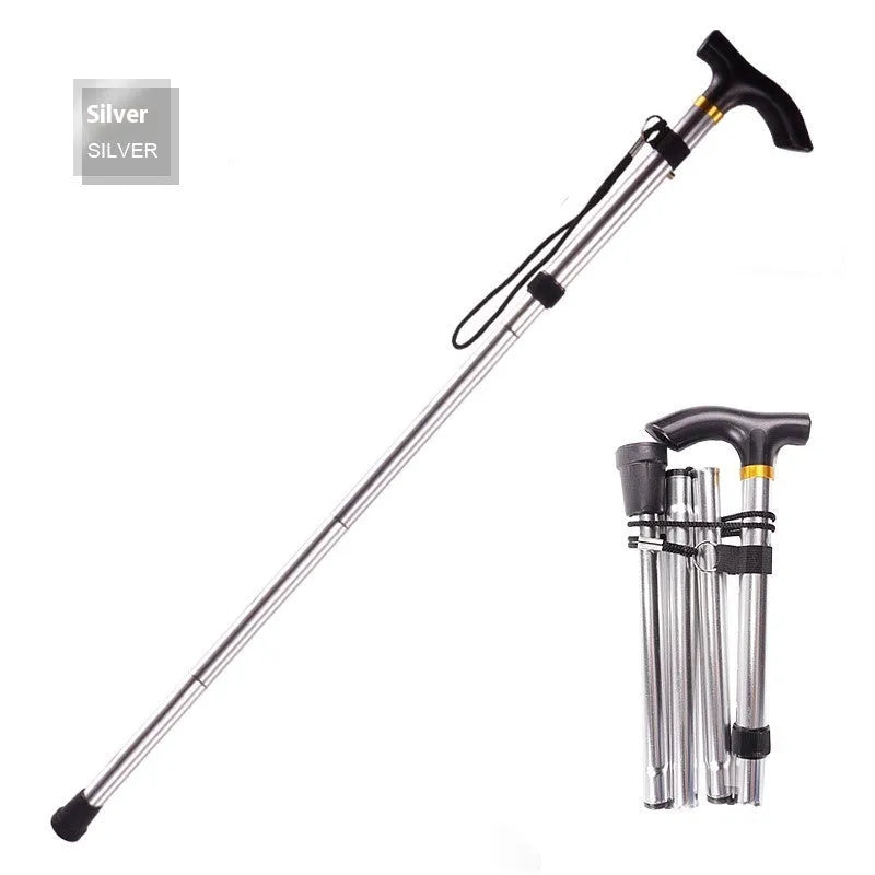 Aluminium folding walking stick with adjustable height and non-slip rubber tip