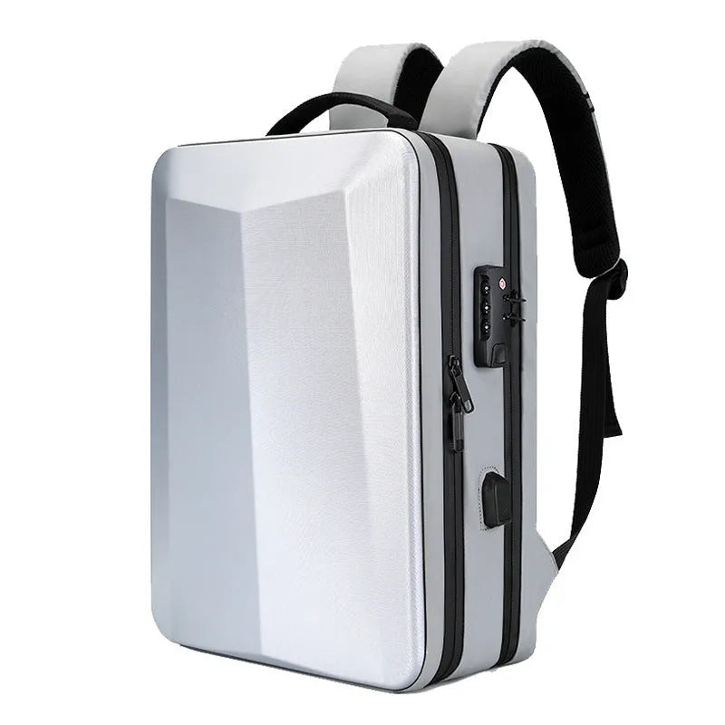 Black and silver white men's waterproof business backpack with curved straps