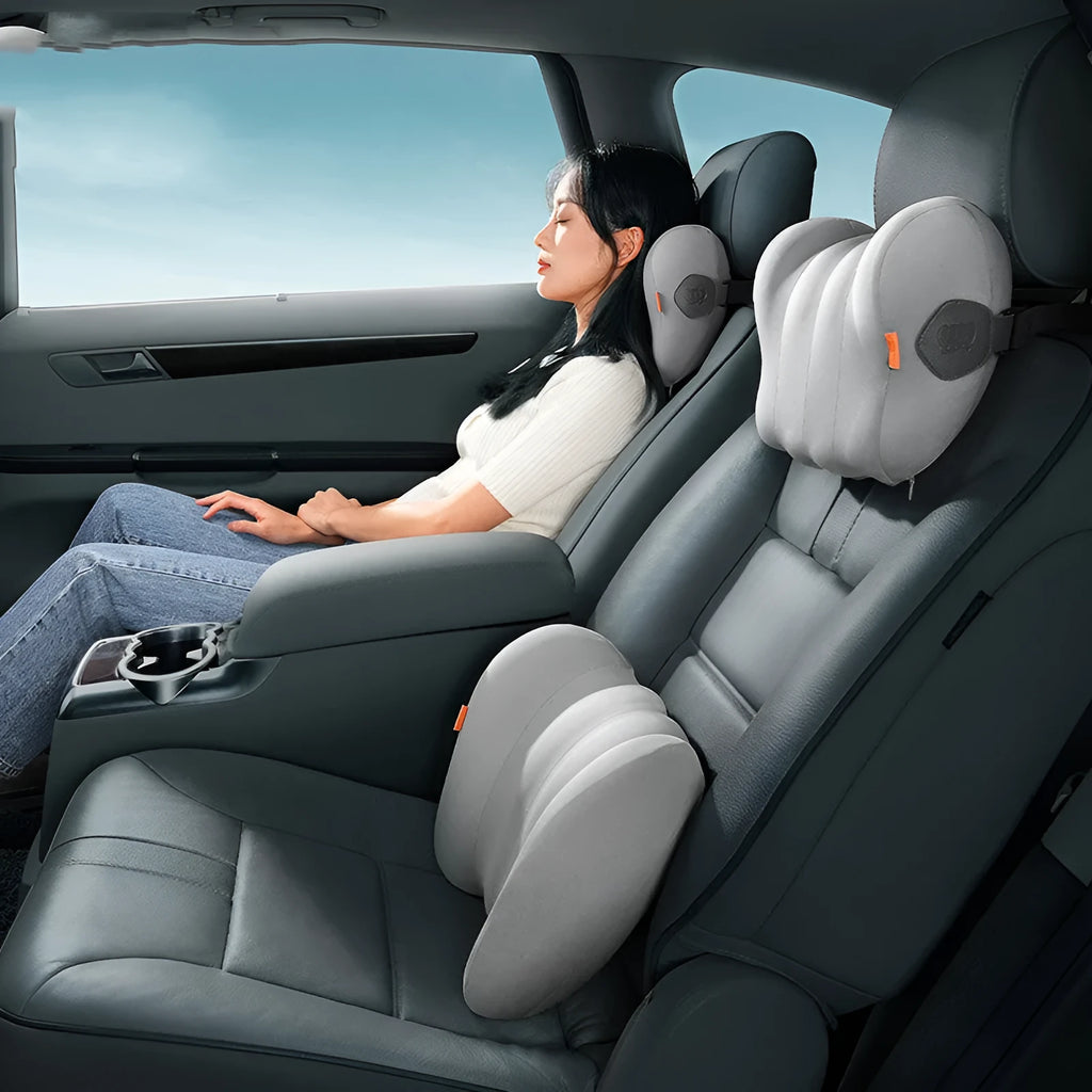 Grey and orange car head pillow and lumbar support set with memory foam interior