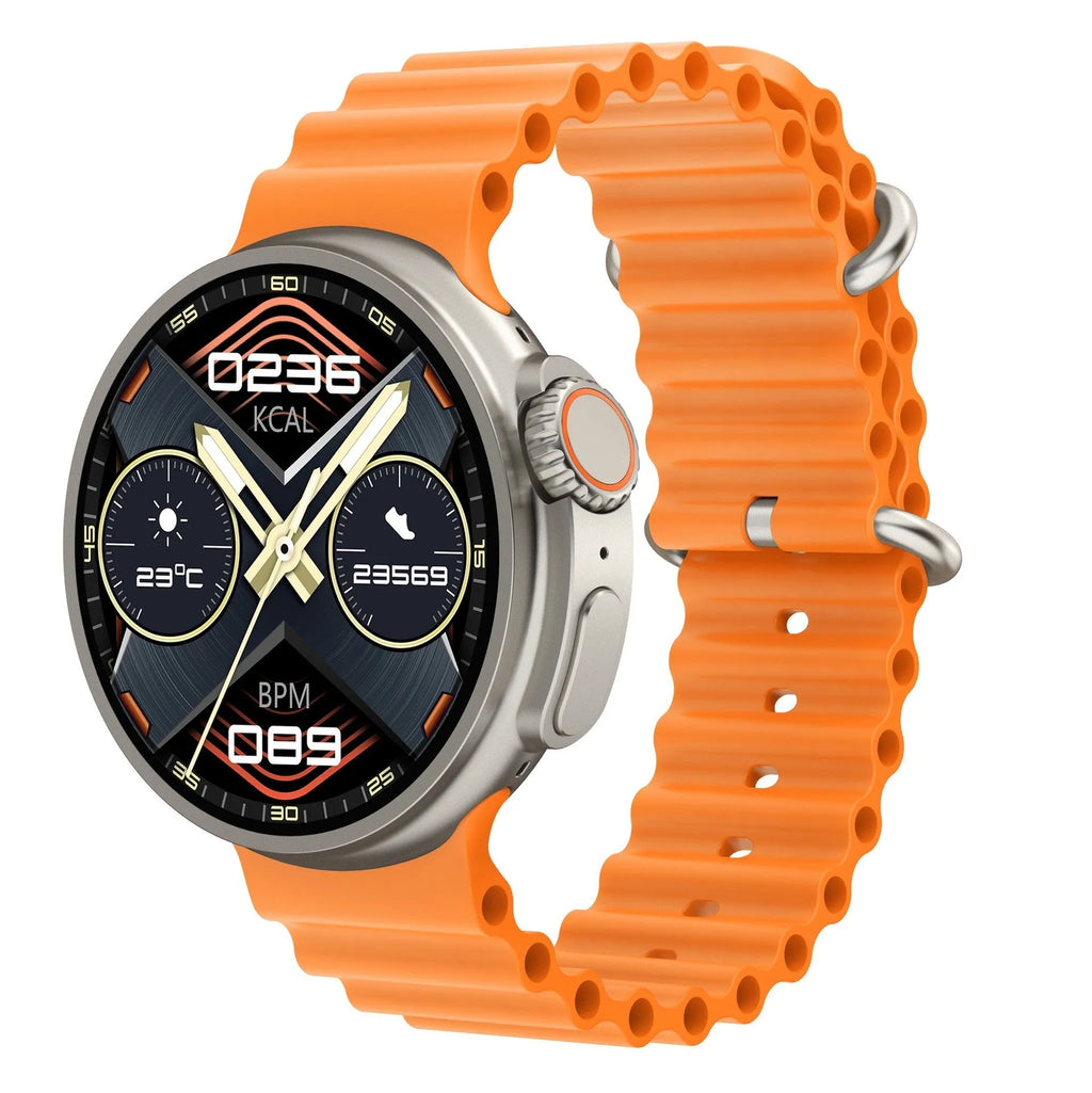 K9 smart watch with round screen showing health metrics and NFC payment interface