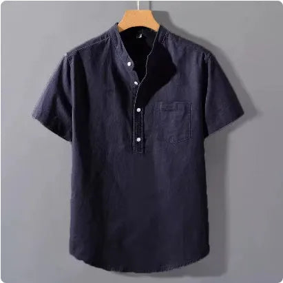 Men's casual linen shirt with stand collar and short sleeves in slub cotton fabric