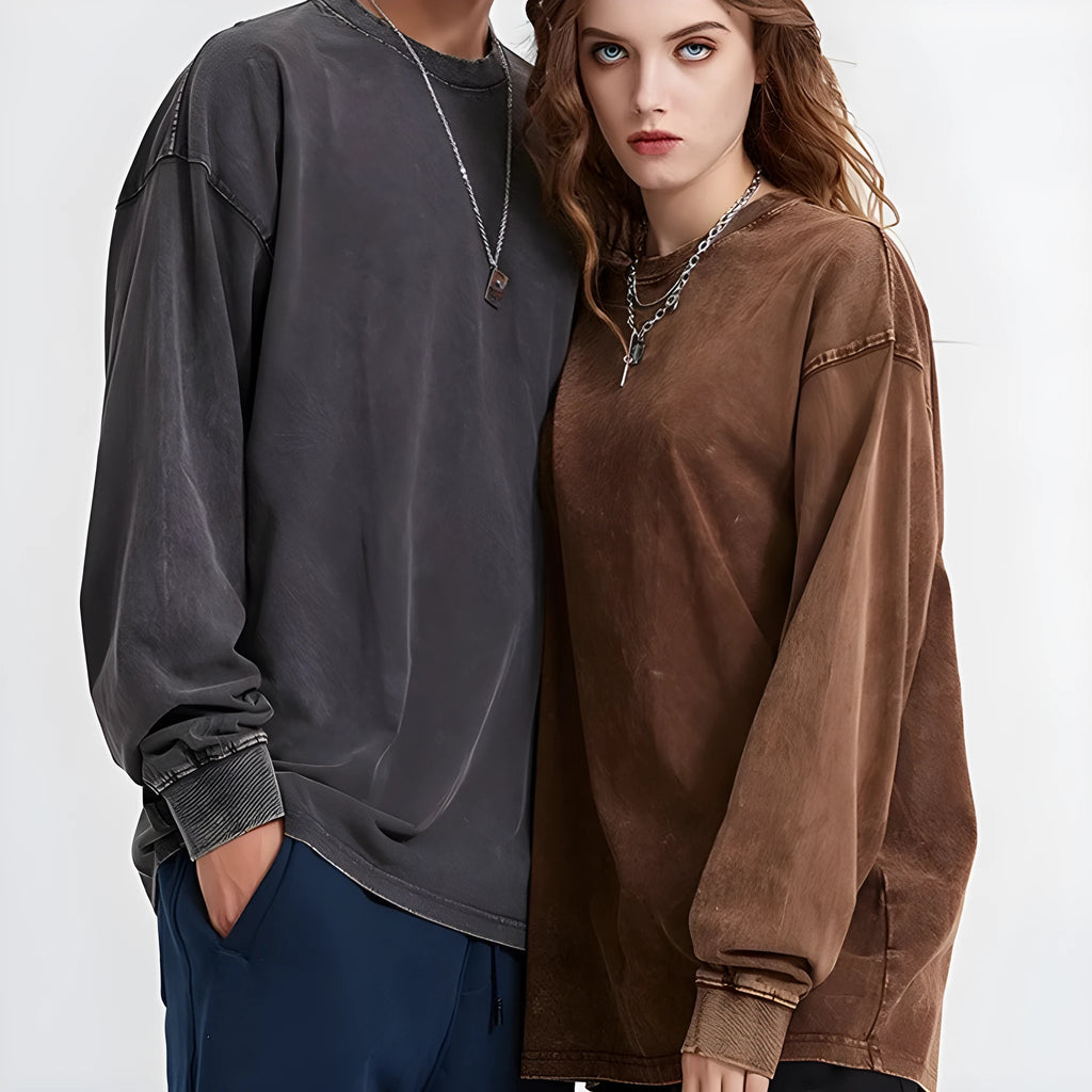 Men's vintage washed cotton long sleeve pullover in batik colour options