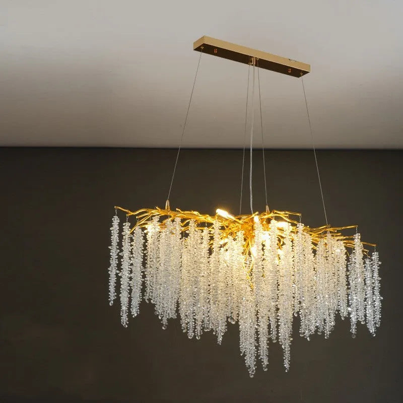 Crystal chandelier light with aluminium alloy body and LED illumination in multiple size configurations