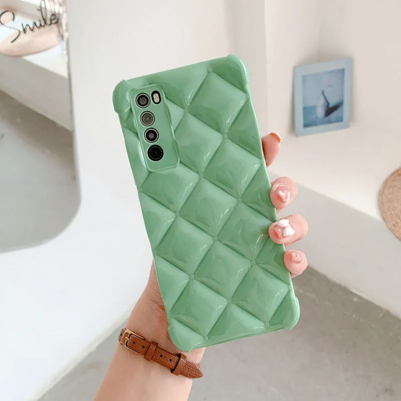 A solid colour silicone back cover case for a Huawei mobile phone, shown in black, green, pink, and white colour options.