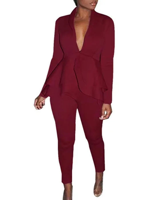 Ruffled air layer business uniform set showing shirt and pencil pants in a selected colour.
