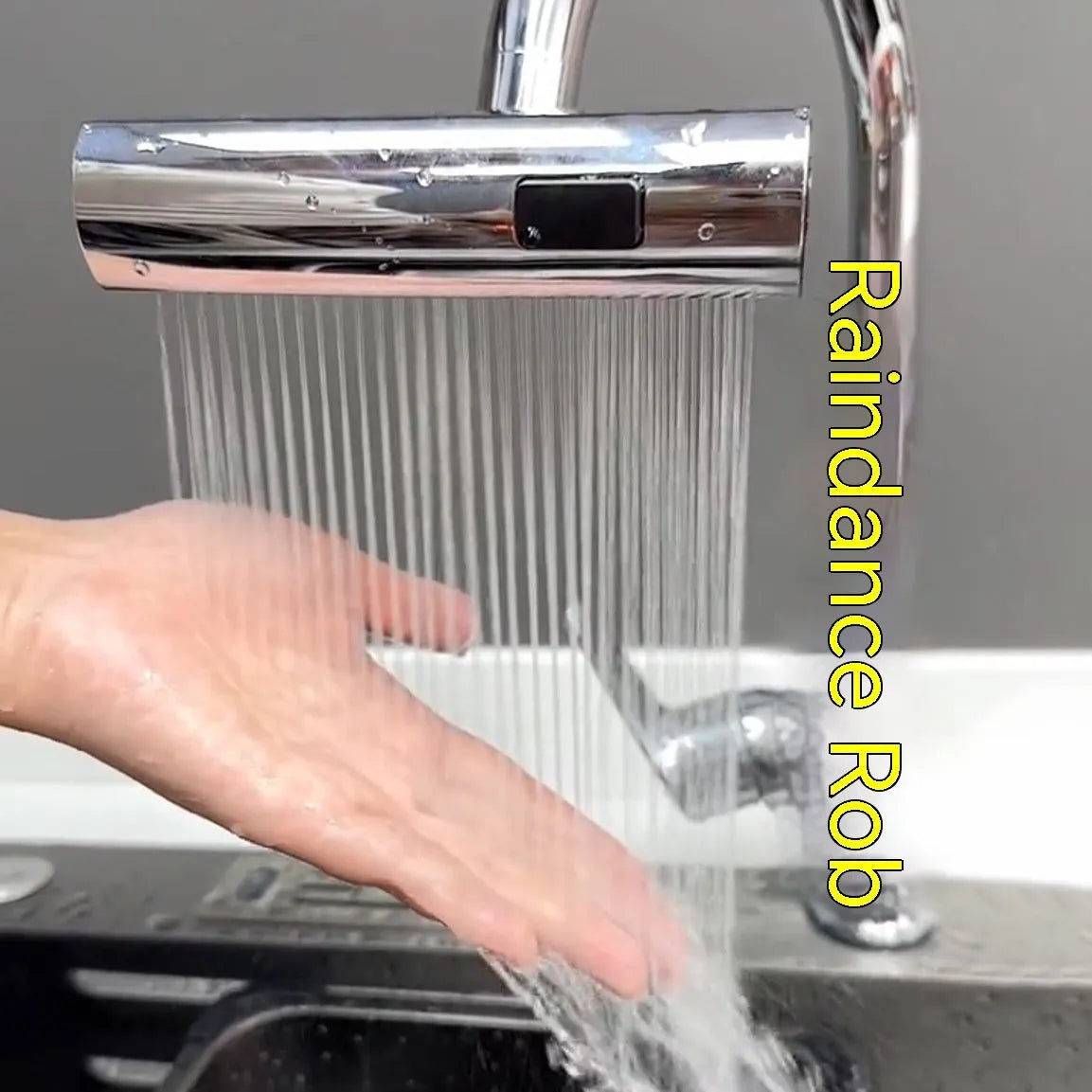 Kitchen faucet waterfall outlet connector with 360-degree swivel, ABS and copper body, Black or Silver finish.