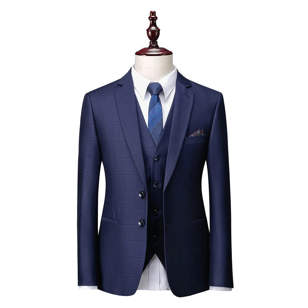 Men's navy blue slim fit plaid three-piece business casual suit with vest