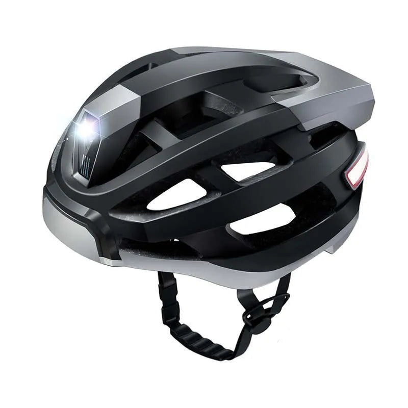 Black and grey smart cycling helmet with integrated warning lights for adult riders, free size 57-62cm