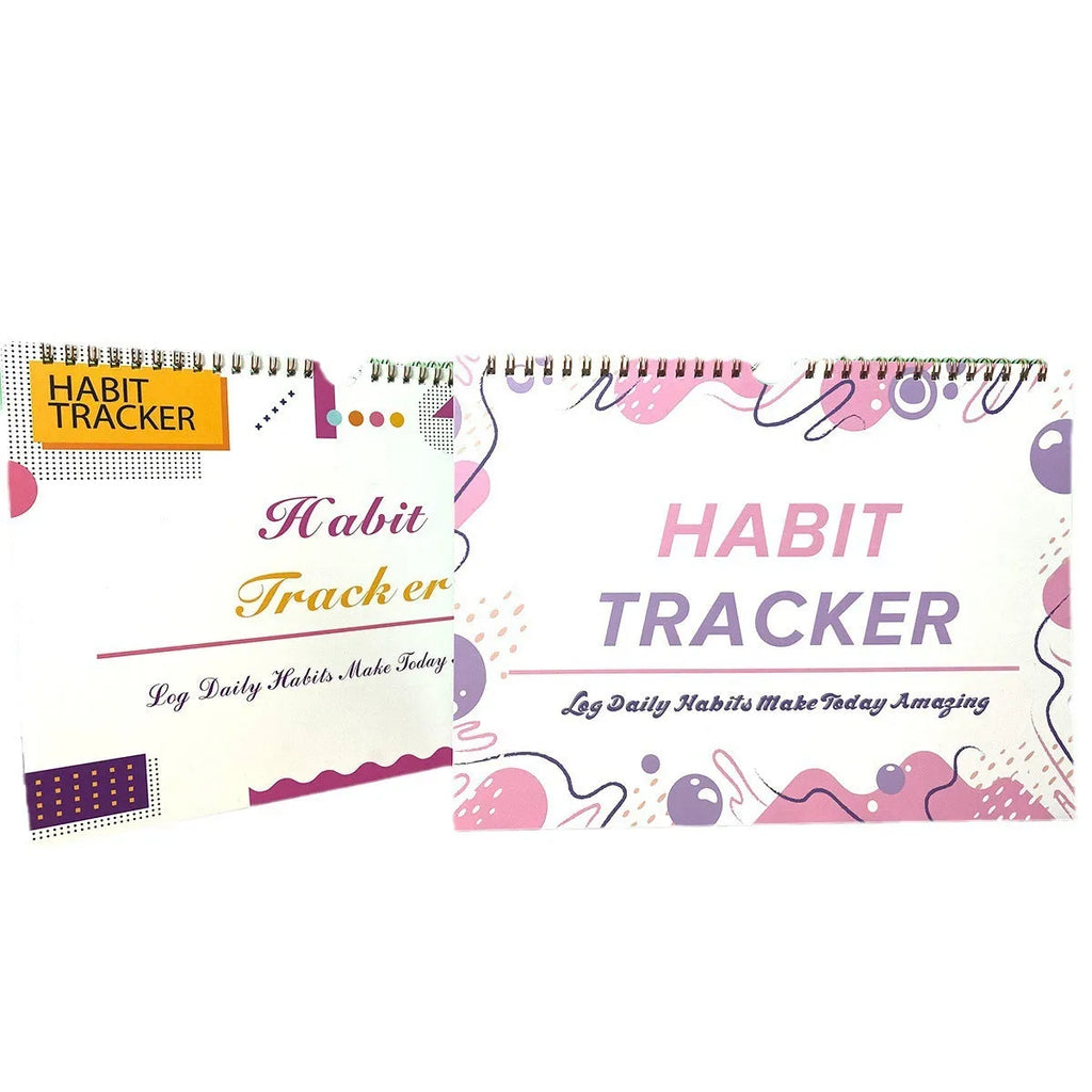 Habit tracking notebook open showing internal pages with 21x28cm dimensions in flower white cover colour