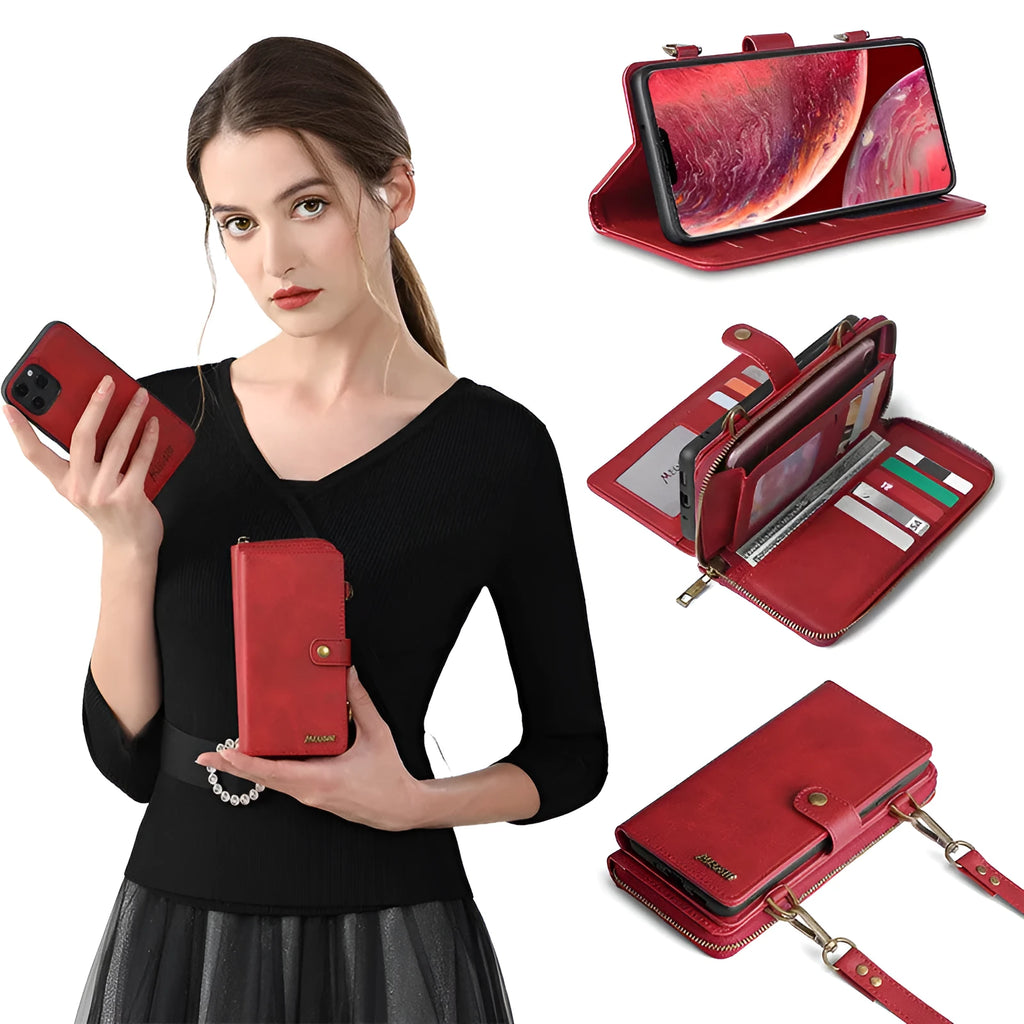 Black leather-style flip phone case with a detachable card wallet attached via strong adsorption.