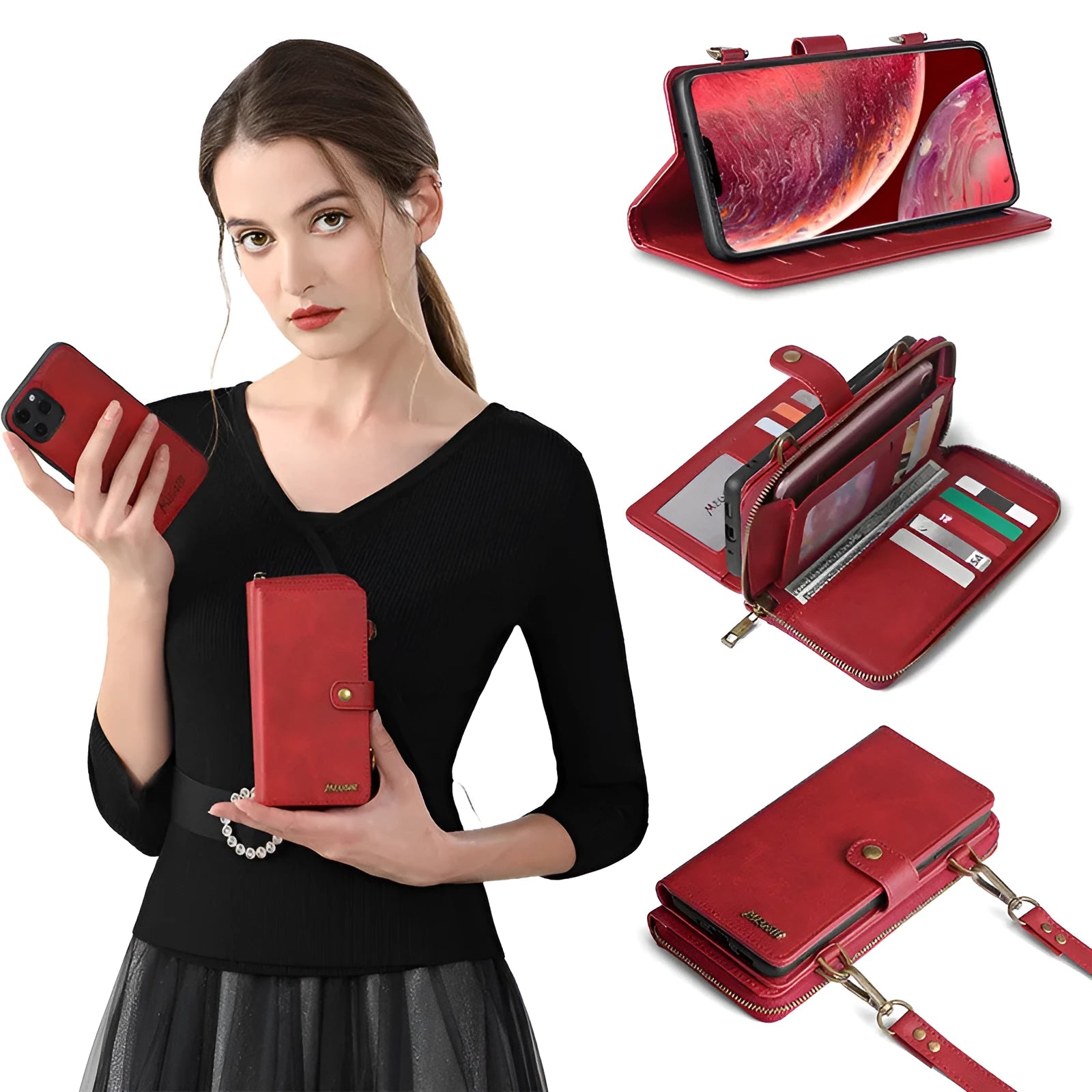 Black leather-style flip phone case with a detachable card wallet attached via strong adsorption.