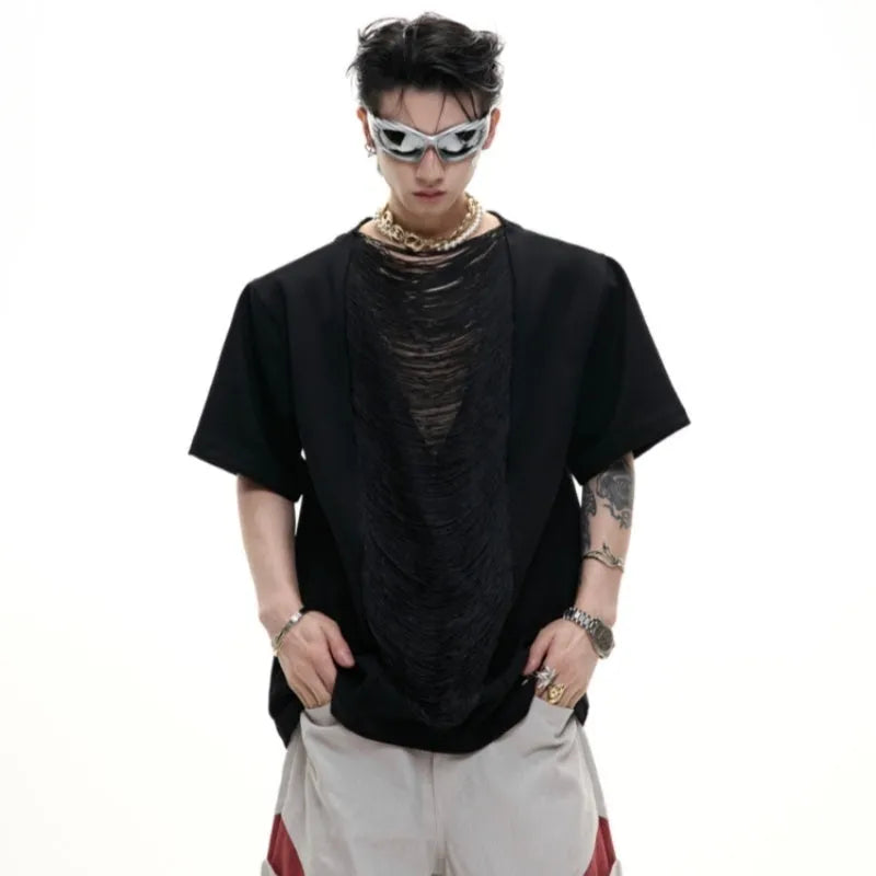 Black men's V-neck loose T-shirt with short sleeves and tassel detail
