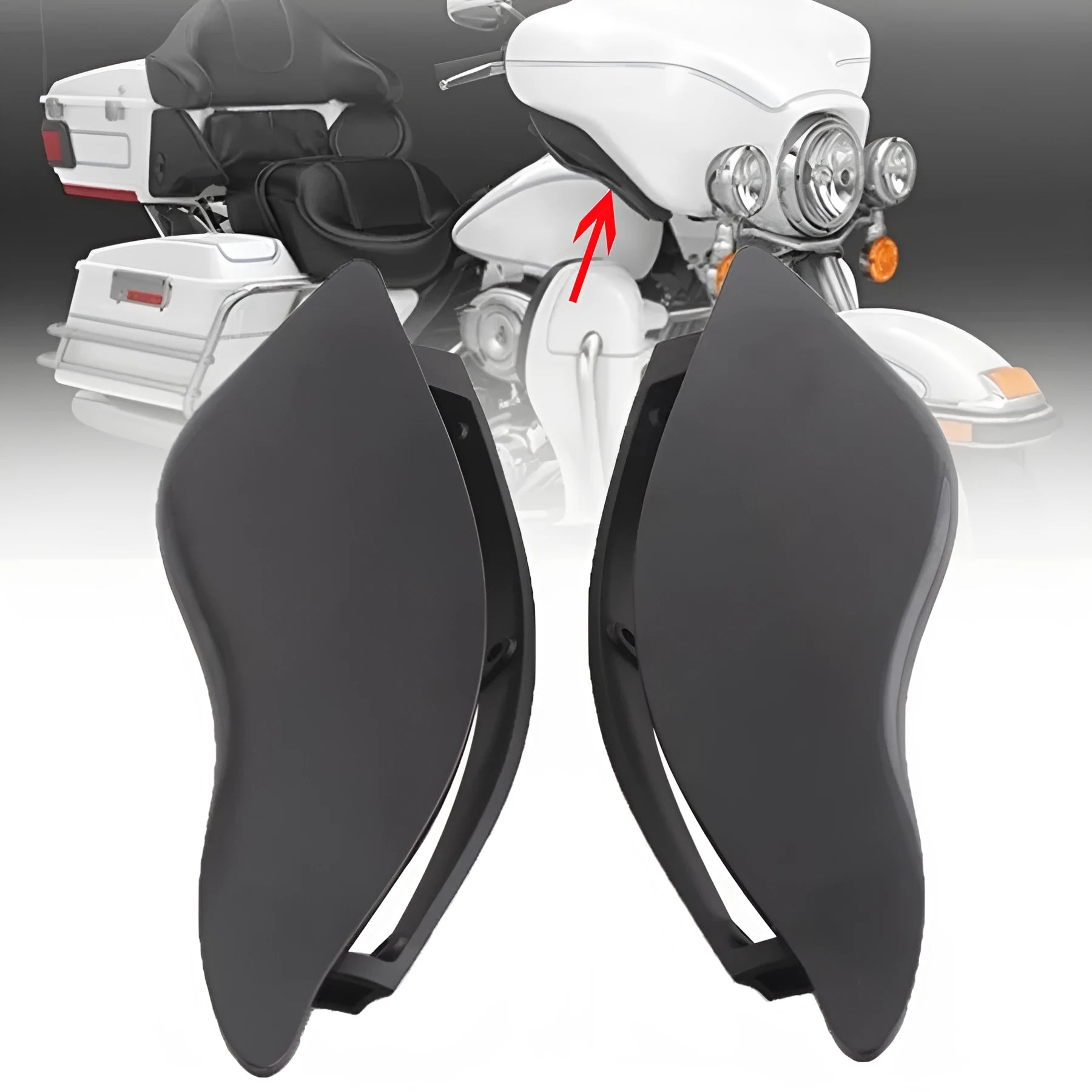 Harley Davidson motorcycle windshield side wings in smoked and black ABS plastic