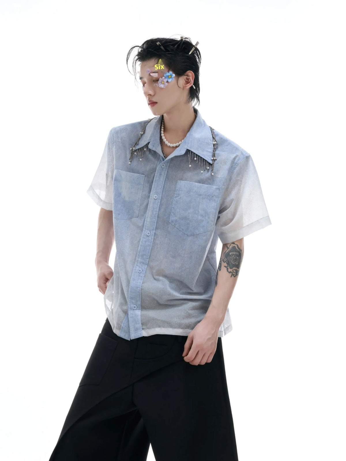Blue and white gradient loose fit short sleeve men's casual shirt on a hanger