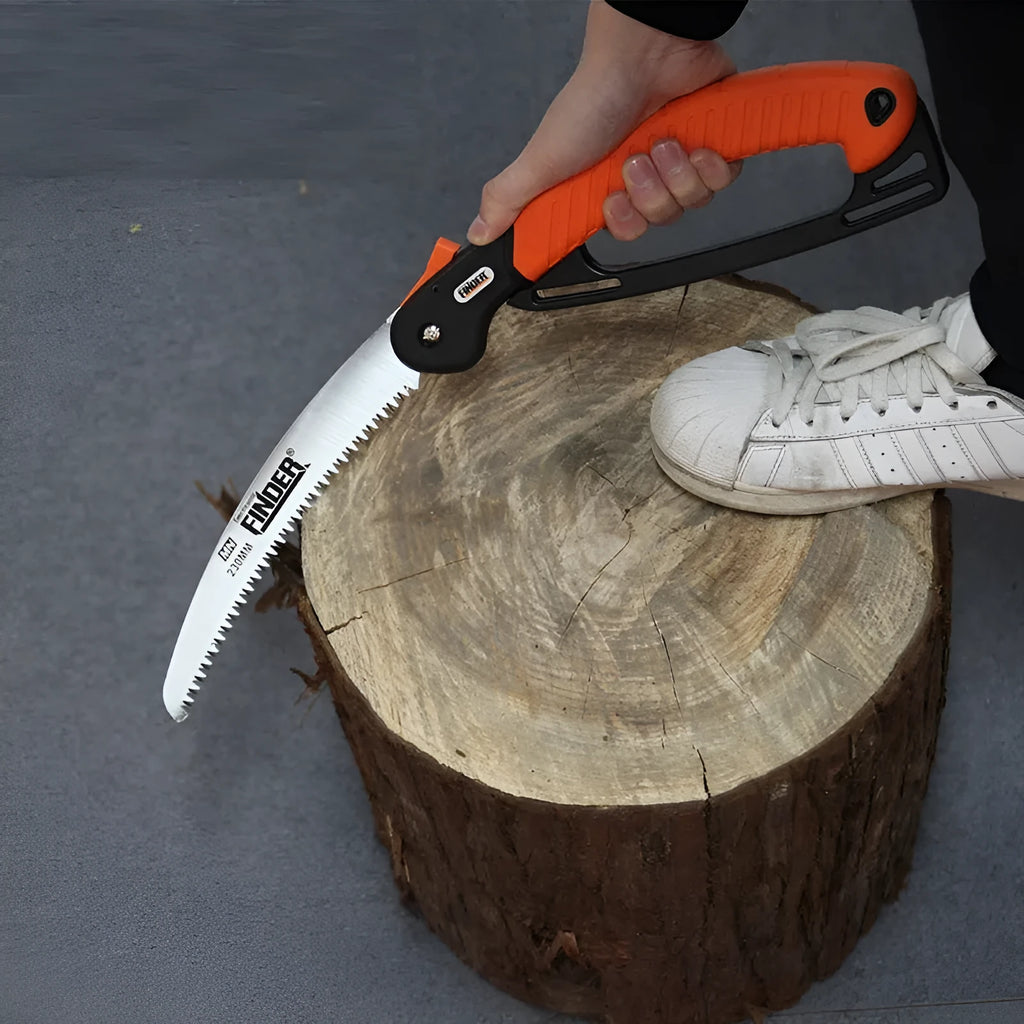 Folding garden hand saw with extended 230mm 65MN steel blade and TPR grip, shown closed and open.