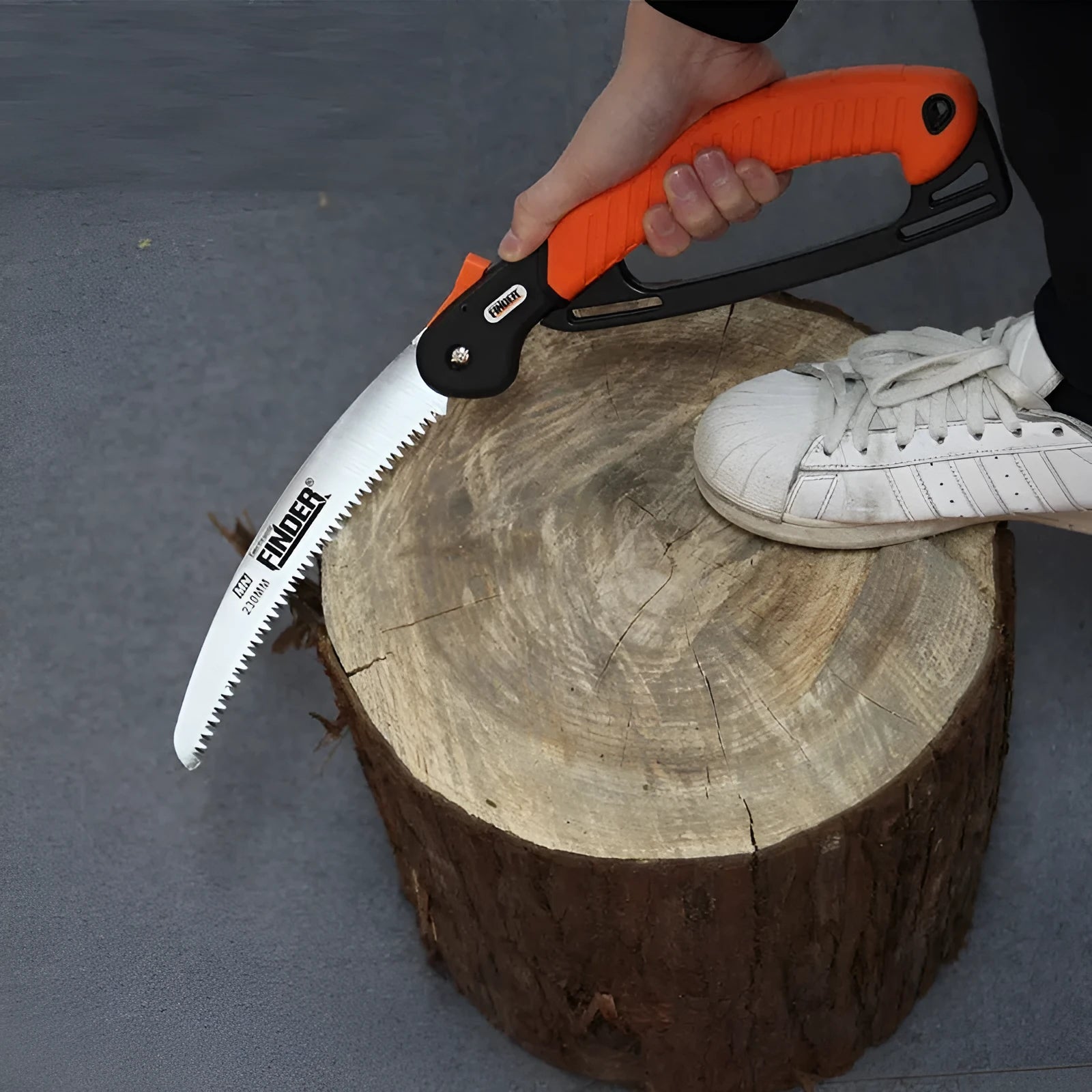 Folding garden hand saw with extended 230mm 65MN steel blade and TPR grip, shown closed and open.