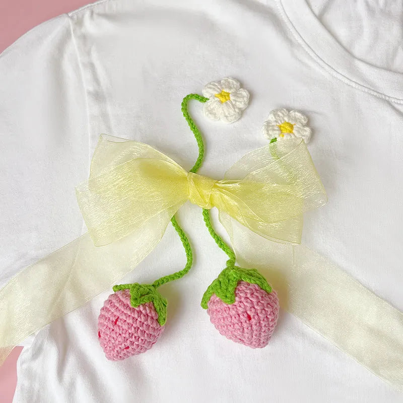 Wool crochet strawberry pendant necklace in pink or red colour with 35cm chain length