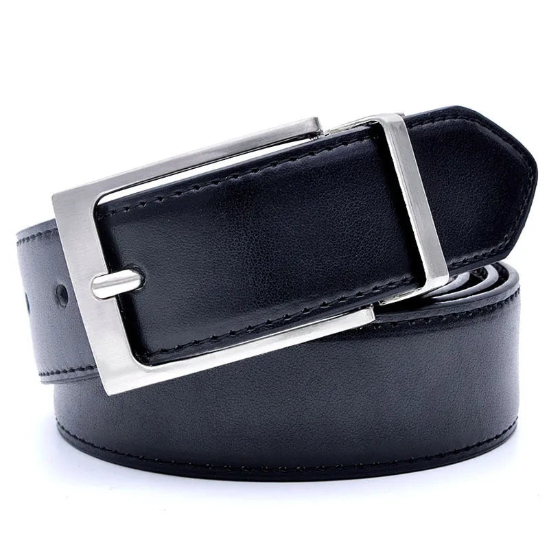 Men's brown and black genuine cowhide leather belt with a rotating alloy pin buckle