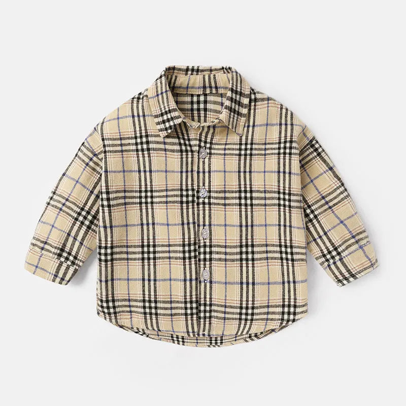 Boys' cotton button-up shirt with lattice pattern and animal print in light blue