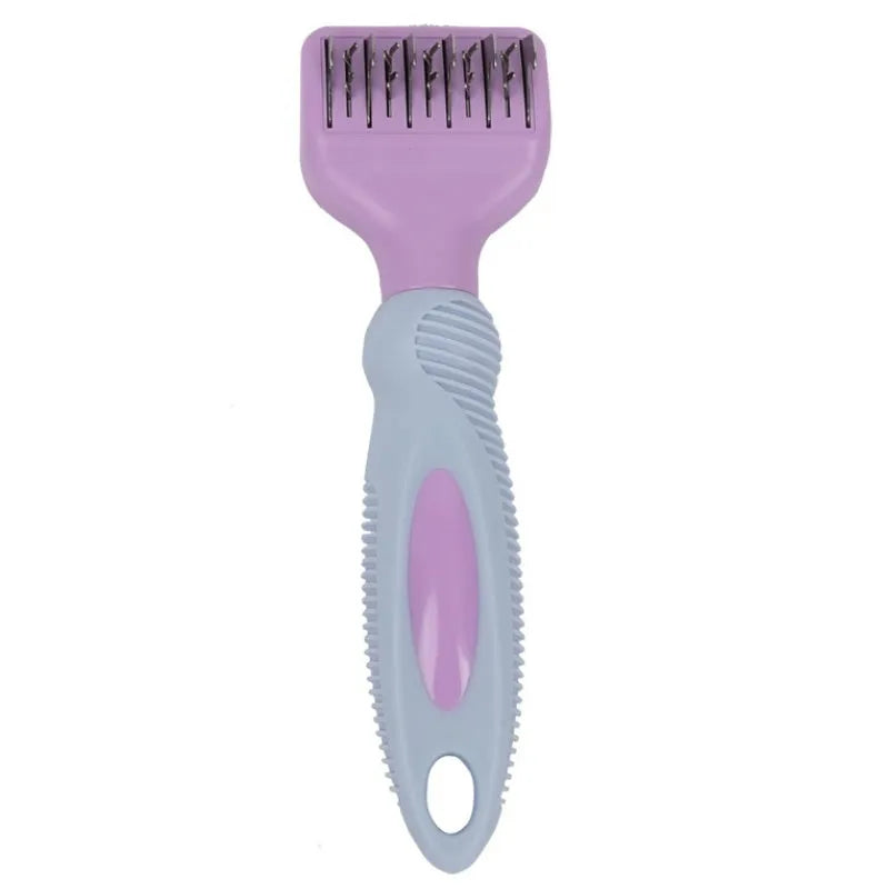 Pet grooming comb with stainless steel knot knife teeth and pink handle for detangling matted fur