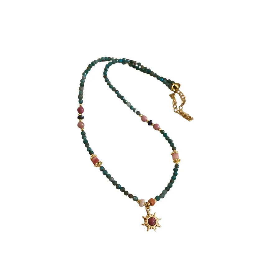 French royal style freshwater pearl necklace with blue sun stone pendant on clavicle chain