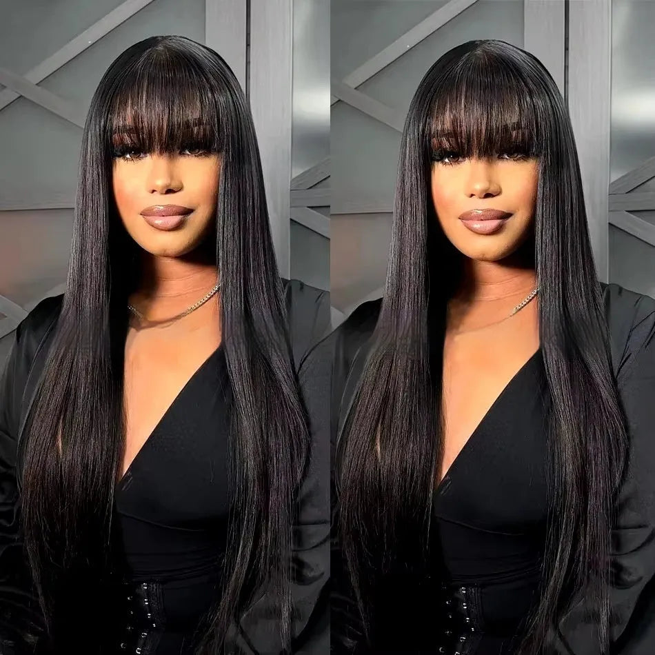 A woman wearing a natural colour human hair full lace wig with long, straight hair.