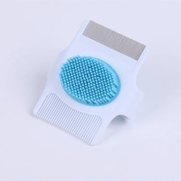 Multifunctional pet comb dog grooming tool in blue or green, compact size 8.5cm by 7.5cm by 2.5cm