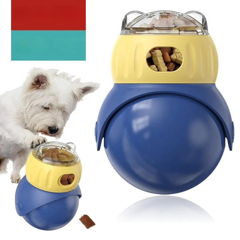Owl-shaped plastic puzzle cat feeder in morandi yellow and blue colours for self-service food dispensing