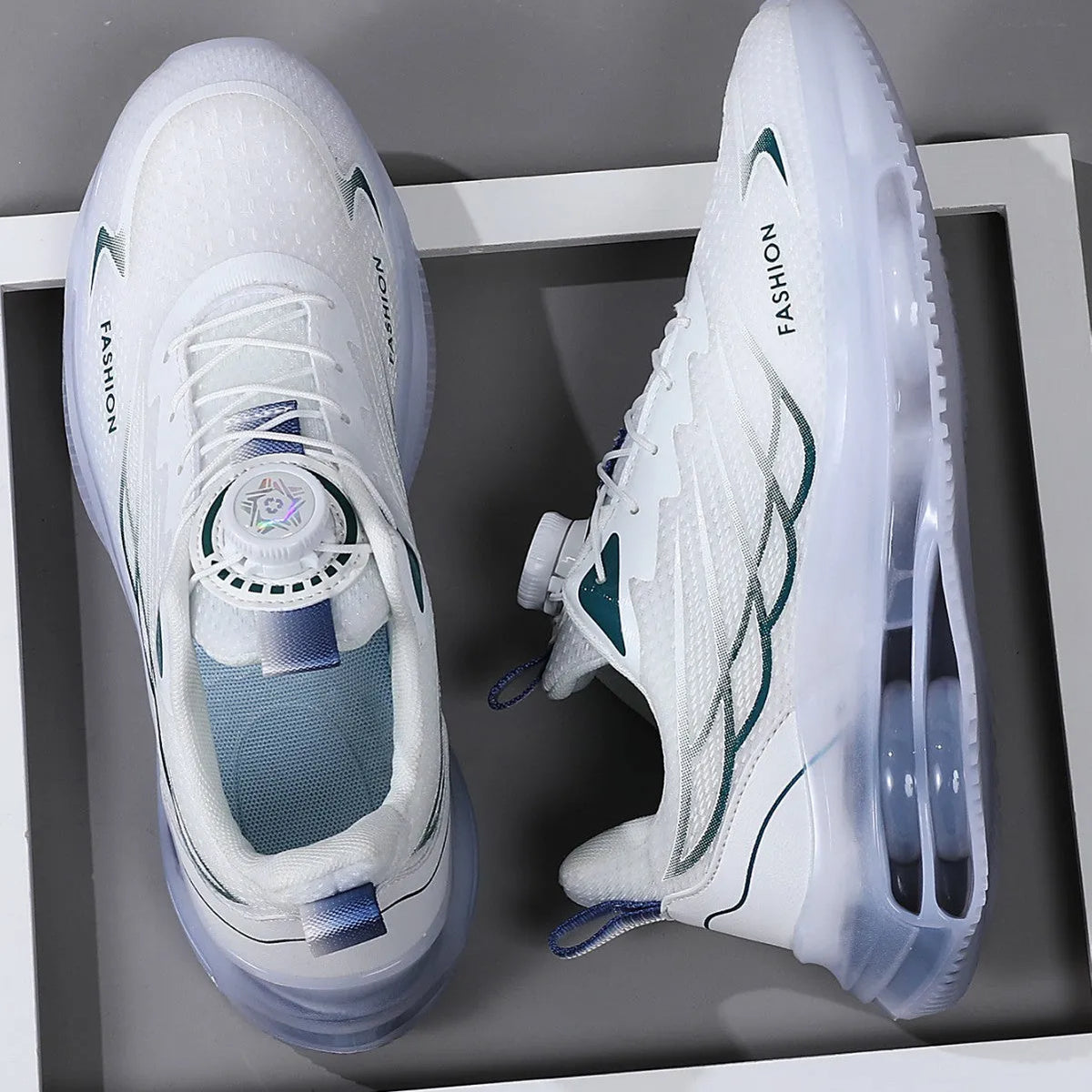 White men's low-top casual running shoes with rotating button closure and mesh upper.