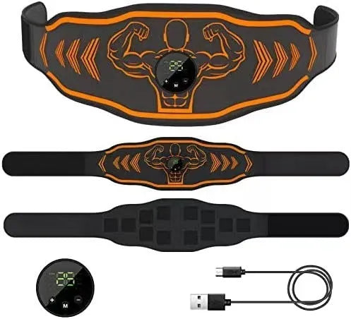 Blue rechargeable EMS smart massage belt with arm stickers and timing function